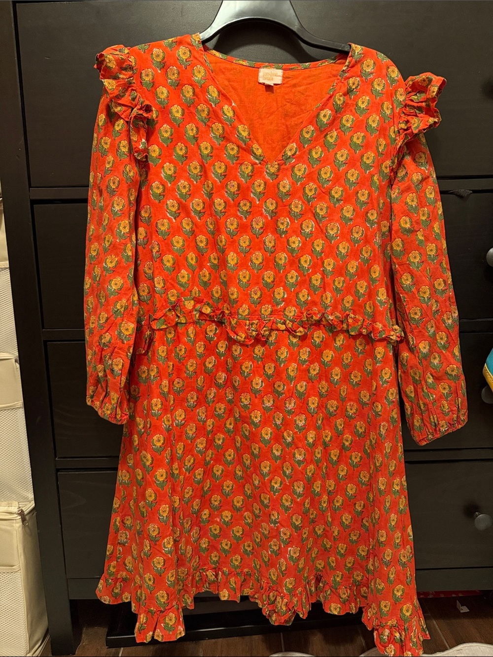Women's Red Floral V-Neck Ruffle Casual Dress